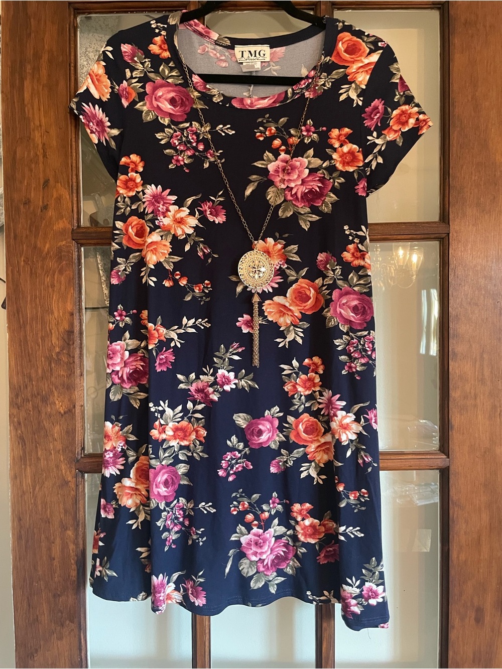 TMG Navy Floral Midi Dress with Pink & Orange Blooms